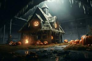 Haunted house on halloween celebration concept. Spooky house halloween background with deserted building and pumpkin. Scary house with creepy building at night by AI generated photo