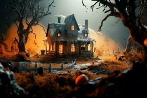 Haunted house on halloween celebration concept. Spooky house halloween background with deserted building and pumpkin. Scary house with creepy building at night by AI generated photo