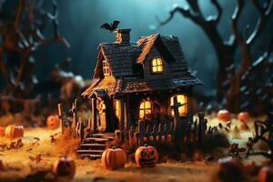 Haunted house on halloween celebration concept. Spooky house halloween background with deserted building and pumpkin. Scary house with creepy building at night by AI generated photo