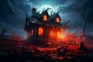 Haunted house on halloween celebration concept. Spooky house halloween background with deserted building and pumpkin. Scary house with creepy building at night by AI generated photo