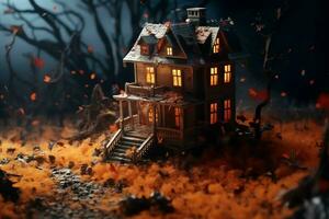 Haunted house on halloween celebration concept. Spooky house halloween background with deserted building and pumpkin. Scary house with creepy building at night by AI generated photo
