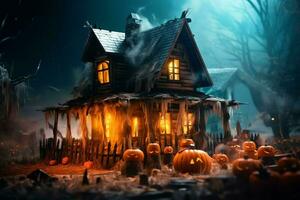 Haunted house on halloween celebration concept. Spooky house halloween background with deserted building and pumpkin. Scary house with creepy building at night by AI generated photo