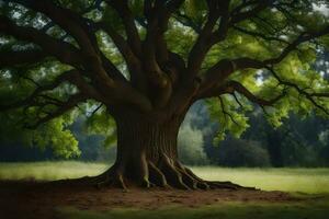 un grande árbol con raíces en el césped. generado por ai foto