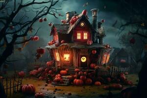 Haunted house on halloween celebration concept. Spooky house halloween background with deserted building and pumpkin. Scary house with creepy building at night by AI generated photo