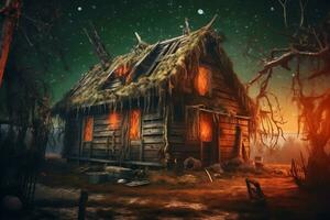 Haunted house on halloween celebration concept. Spooky house halloween background with deserted building and pumpkin. Scary house with creepy building at night by AI generated photo