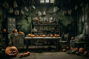 Haunted house on halloween celebration concept. Spooky house halloween background with deserted building and pumpkin. Scary house with creepy building at night by AI generated photo