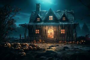 Haunted house on halloween celebration concept. Spooky house halloween background with deserted building and pumpkin. Scary house with creepy building at night by AI generated photo