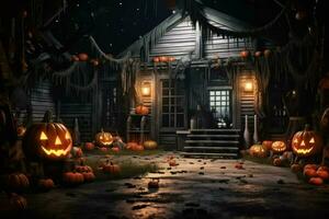 Haunted house on halloween celebration concept. Spooky house halloween background with deserted building and pumpkin. Scary house with creepy building at night by AI generated photo