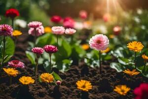 many colorful flowers are growing in the dirt. AI-Generated photo