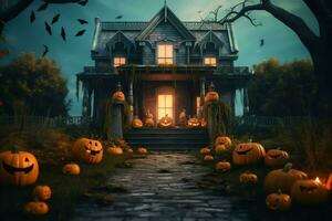 Haunted house on halloween celebration concept. Spooky house halloween background with deserted building and pumpkin. Scary house with creepy building at night by AI generated photo