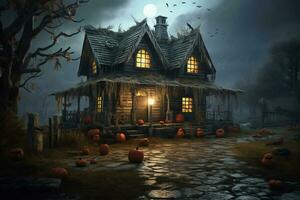 Haunted house on halloween celebration concept. Spooky house halloween background with deserted building and pumpkin. Scary house with creepy building at night by AI generated photo