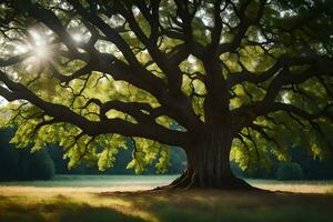 the sun shines through the branches of a large tree. AI-Generated photo