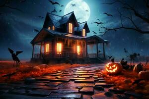 Haunted house on halloween celebration concept. Spooky house halloween background with deserted building and pumpkin. Scary house with creepy building at night by AI generated photo