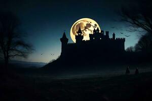 a castle with bats flying over it at night. AI-Generated photo