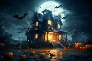 Haunted house on halloween celebration concept. Spooky house halloween background with deserted building and pumpkin. Scary house with creepy building at night by AI generated photo