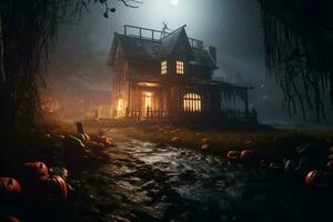 Haunted house on halloween celebration concept. Spooky house halloween background with deserted building and pumpkin. Scary house with creepy building at night by AI generated photo