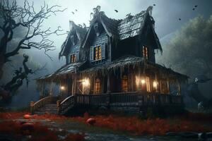 Haunted house on halloween celebration concept. Spooky house halloween background with deserted building and pumpkin. Scary house with creepy building at night by AI generated photo