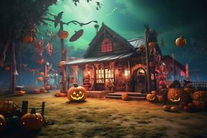 Haunted house on halloween celebration concept. Spooky house halloween background with deserted building and pumpkin. Scary house with creepy building at night by AI generated photo