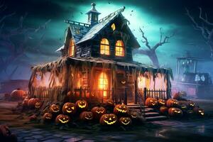 Haunted house on halloween celebration concept. Spooky house halloween background with deserted building and pumpkin. Scary house with creepy building at night by AI generated photo