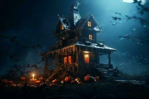 Haunted house on halloween celebration concept. Spooky house halloween background with deserted building and pumpkin. Scary house with creepy building at night by AI generated photo
