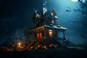 Haunted house on halloween celebration concept. Spooky house halloween background with deserted building and pumpkin. Scary house with creepy building at night by AI generated photo