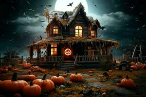 Haunted house on halloween celebration concept. Spooky house halloween background with deserted building and pumpkin. Scary house with creepy building at night by AI generated photo