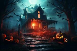 Haunted house on halloween celebration concept. Spooky house halloween background with deserted building and pumpkin. Scary house with creepy building at night by AI generated photo