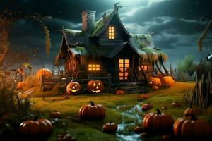 Haunted house on halloween celebration concept. Spooky house halloween background with deserted building and pumpkin. Scary house with creepy building at night by AI generated photo