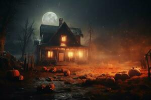 Haunted house on halloween celebration concept. Spooky house halloween background with deserted building and pumpkin. Scary house with creepy building at night by AI generated photo