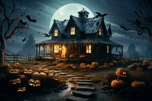 Haunted house on halloween celebration concept. Spooky house halloween background with deserted building and pumpkin. Scary house with creepy building at night by AI generated photo