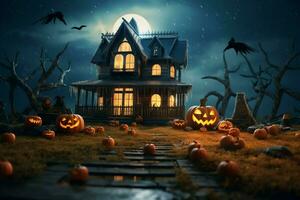 Haunted house on halloween celebration concept. Spooky house halloween background with deserted building and pumpkin. Scary house with creepy building at night by AI generated photo