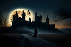 a woman in a black cloak walks through a field at night with a castle in the background. AI-Generated photo