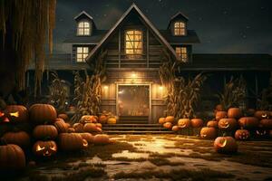 Haunted house on halloween celebration concept. Spooky house halloween background with deserted building and pumpkin. Scary house with creepy building at night by AI generated photo