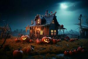 Haunted house on halloween celebration concept. Spooky house halloween background with deserted building and pumpkin. Scary house with creepy building at night by AI generated photo