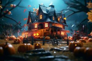 Haunted house on halloween celebration concept. Spooky house halloween background with deserted building and pumpkin. Scary house with creepy building at night by AI generated photo