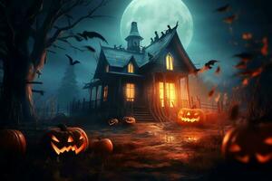 Haunted house on halloween celebration concept. Spooky house halloween background with deserted building and pumpkin. Scary house with creepy building at night by AI generated photo