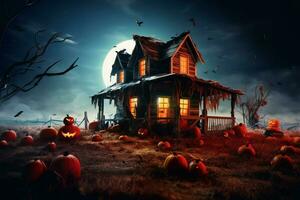 Haunted house on halloween celebration concept. Spooky house halloween background with deserted building and pumpkin. Scary house with creepy building at night by AI generated photo