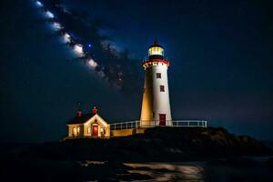 a lighthouse with a starry sky and a small house on the shore. AI-Generated photo
