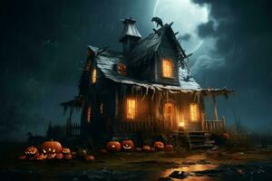 Haunted house on halloween celebration concept. Spooky house halloween background with deserted building and pumpkin. Scary house with creepy building at night by AI generated photo