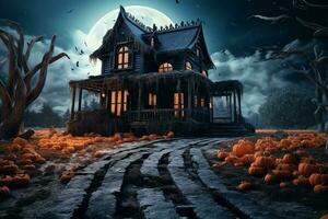 Haunted house on halloween celebration concept. Spooky house halloween background with deserted building and pumpkin. Scary house with creepy building at night by AI generated photo