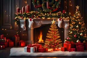 christmas fireplace with presents and a tree. AI-Generated photo