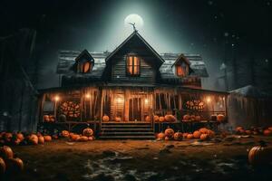 Haunted house on halloween celebration concept. Spooky house halloween background with deserted building and pumpkin. Scary house with creepy building at night by AI generated photo