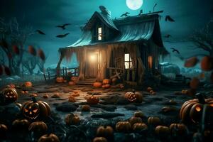 Haunted house on halloween celebration concept. Spooky house halloween background with deserted building and pumpkin. Scary house with creepy building at night by AI generated photo