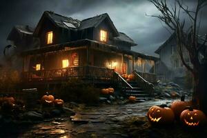 Haunted house on halloween celebration concept. Spooky house halloween background with deserted building and pumpkin. Scary house with creepy building at night by AI generated photo