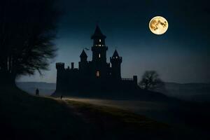 a castle in the dark with a full moon. AI-Generated photo