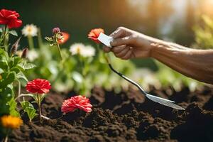 a person is using a garden fork to cut flowers. AI-Generated photo