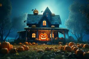 Haunted house on halloween celebration concept. Spooky house halloween background with deserted building and pumpkin. Scary house with creepy building at night by AI generated photo