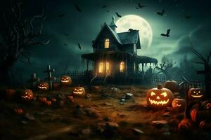 Haunted house on halloween celebration concept. Spooky house halloween background with deserted building and pumpkin. Scary house with creepy building at night by AI generated photo