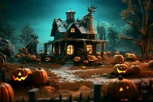 Haunted house on halloween celebration concept. Spooky house halloween background with deserted building and pumpkin. Scary house with creepy building at night by AI generated photo