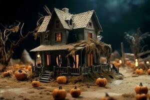 Haunted house on halloween celebration concept. Spooky house halloween background with deserted building and pumpkin. Scary house with creepy building at night by AI generated photo